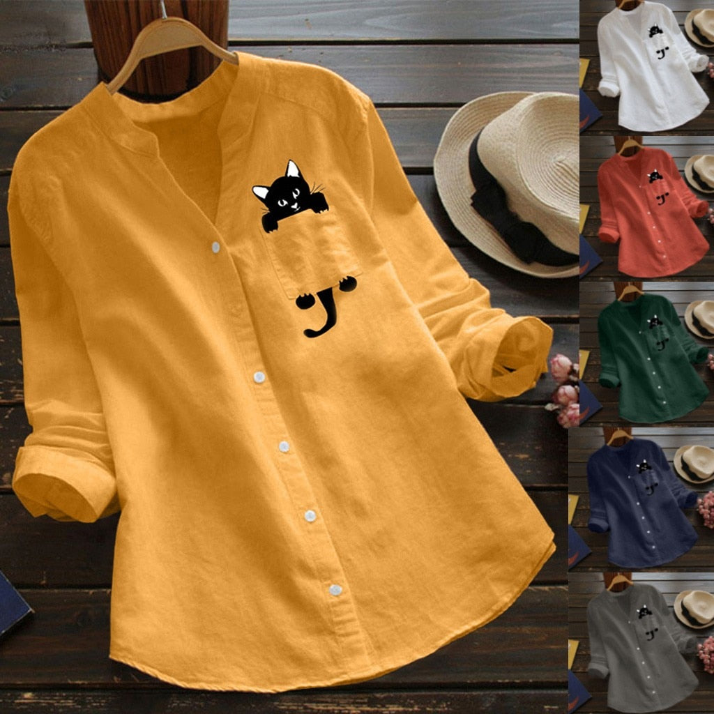 Women Cat Shirt Linen Blouse Long Sleeve Kawaii Blouses Tops Laple Pocket Down collared shirts Spring Woman Clothes