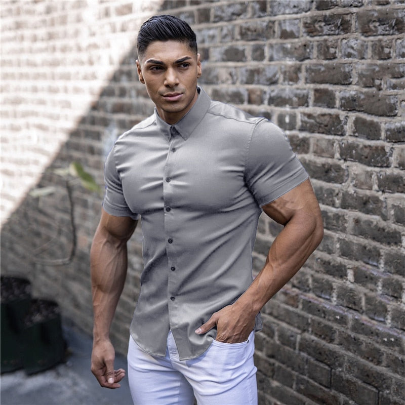 Men Fashion Casual Short Sleeve Solid Shirt Super Slim Fit Social Business Dress