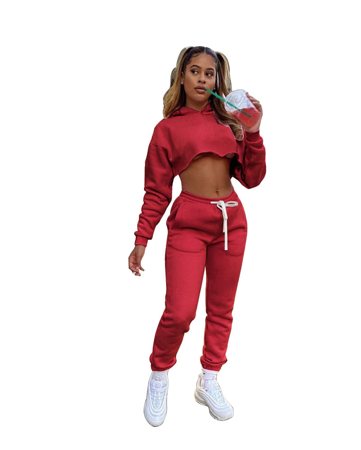 Casual Thick Fleece Tracksuit Women Jogger 2020 Autumn Winter Drawstring Long Sleeve Crop Top Sweatpants Sweatsuit Two Piece Set