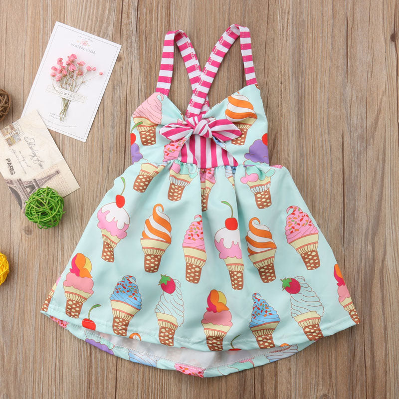 lioraitiin New Fashion Print Ice-cream Kids Baby Girls Dress Party Princess Backless Strap Dress Sundress Clothes