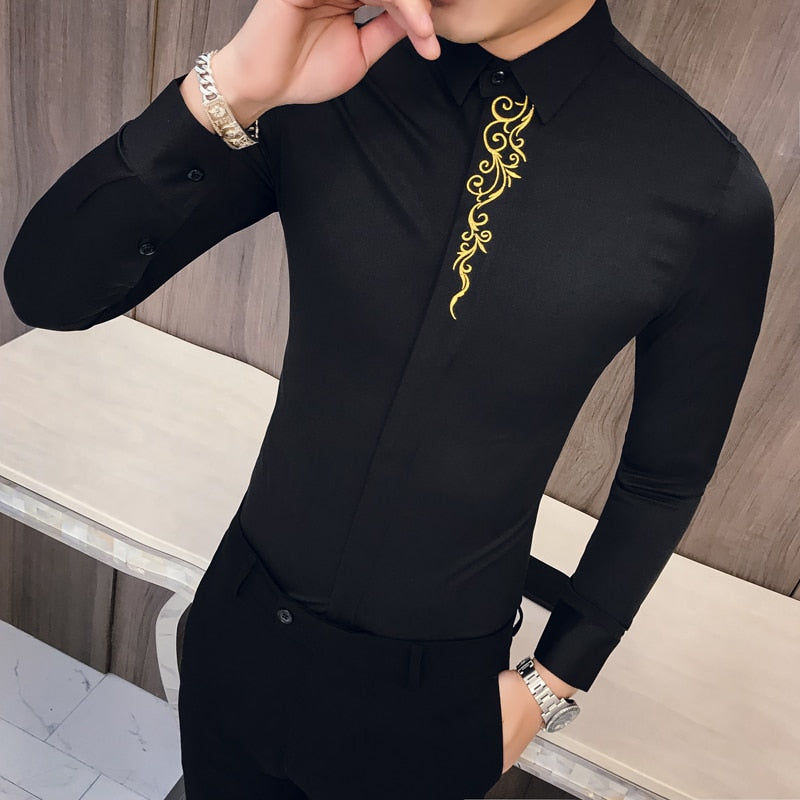 2022 Spring Men&#39;s Vintage Embroidered Shirt Long Sleeve Slim Social Club