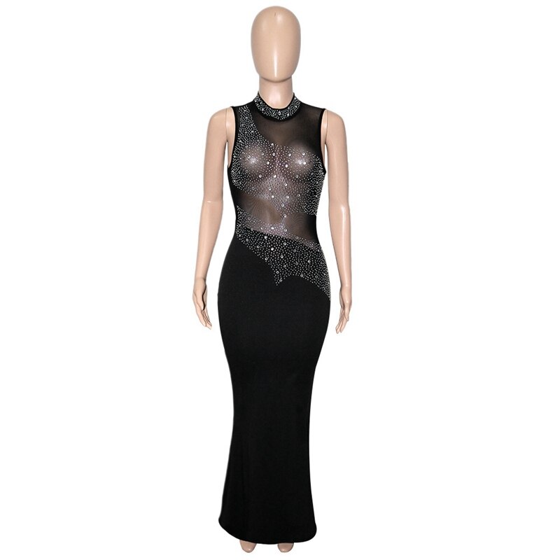 Sheer Mesh Patchwork Rhinestones Long Maxi Dress Women Sleeveless Turtleneck Floor Length Vestidos Sexy Transparent Xmas Dress