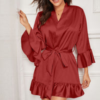 Women Sexy V-neck Silk Satin Night Dress Lace Sleepwear Nightwear Long Sleeve Nighties