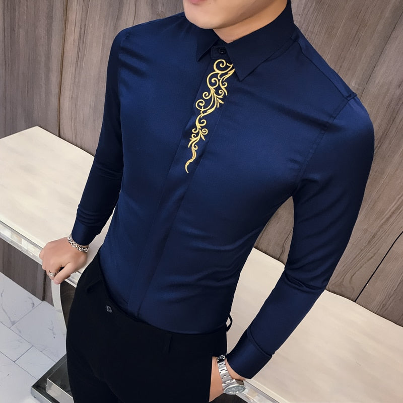 2022 Spring Men&#39;s Vintage Embroidered Shirt Long Sleeve Slim Social Club