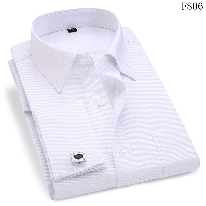 Men French Cufflinks Shirts White Collar Design Solid Color Jacquard Fabric Male Gentleman Dress Long Sleeves Shirt