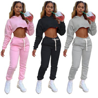 Casual Thick Fleece Tracksuit Women Jogger 2020 Autumn Winter Drawstring Long Sleeve Crop Top Sweatpants Sweatsuit Two Piece Set