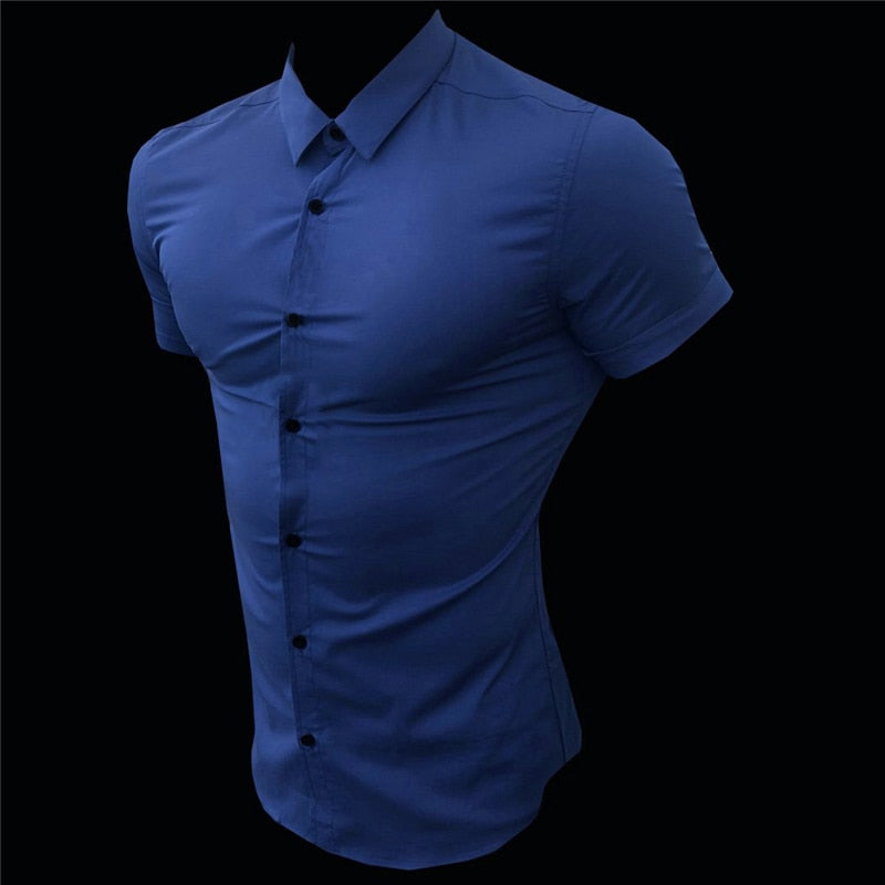 Men Fashion Casual Short Sleeve Solid Shirt Super Slim Fit Social Business Dress