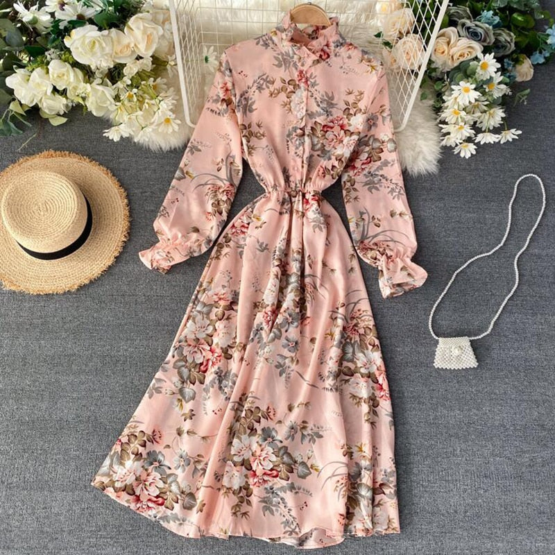 2021 Vintage Floral Print Stand collar Chiffon Dress