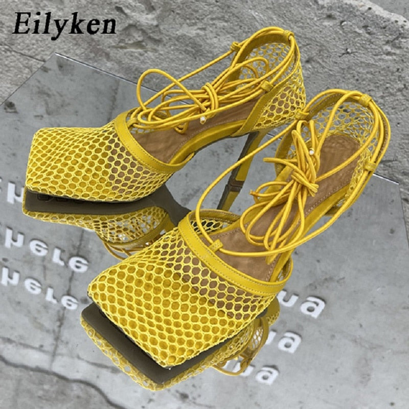 Eilyken Green Yellow Crystal Women Pumps Square Toe Fishnet Hollow Ankle Cross-Tied High Heel Rhinestone Sandals Lady Dress Shoe