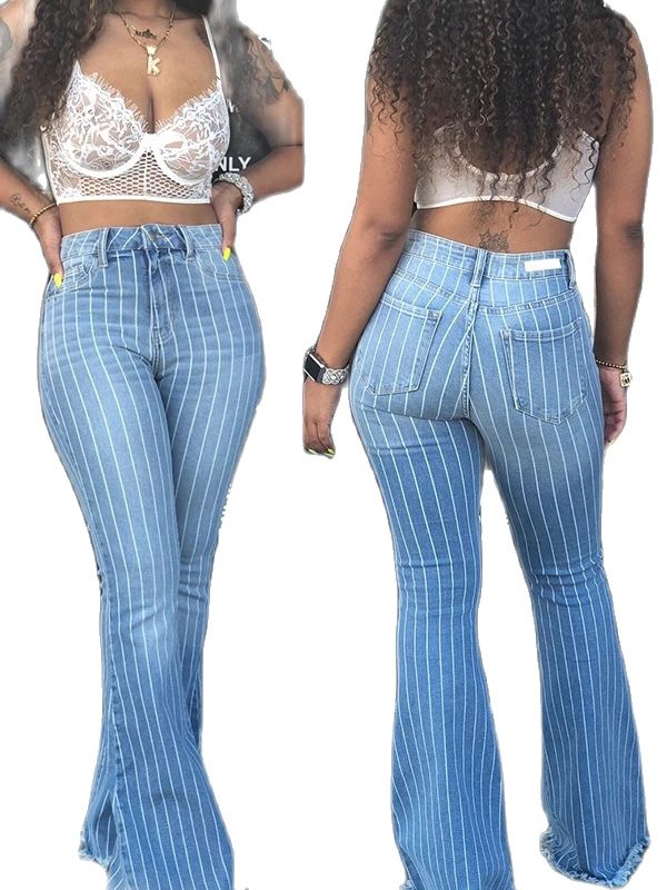 Fashion Striped Woman Flare Jeans Elastic Skinny Denim Wide-Leg Flare Pants Street Hipster Ripped Trousers S-2XL Drop shipping