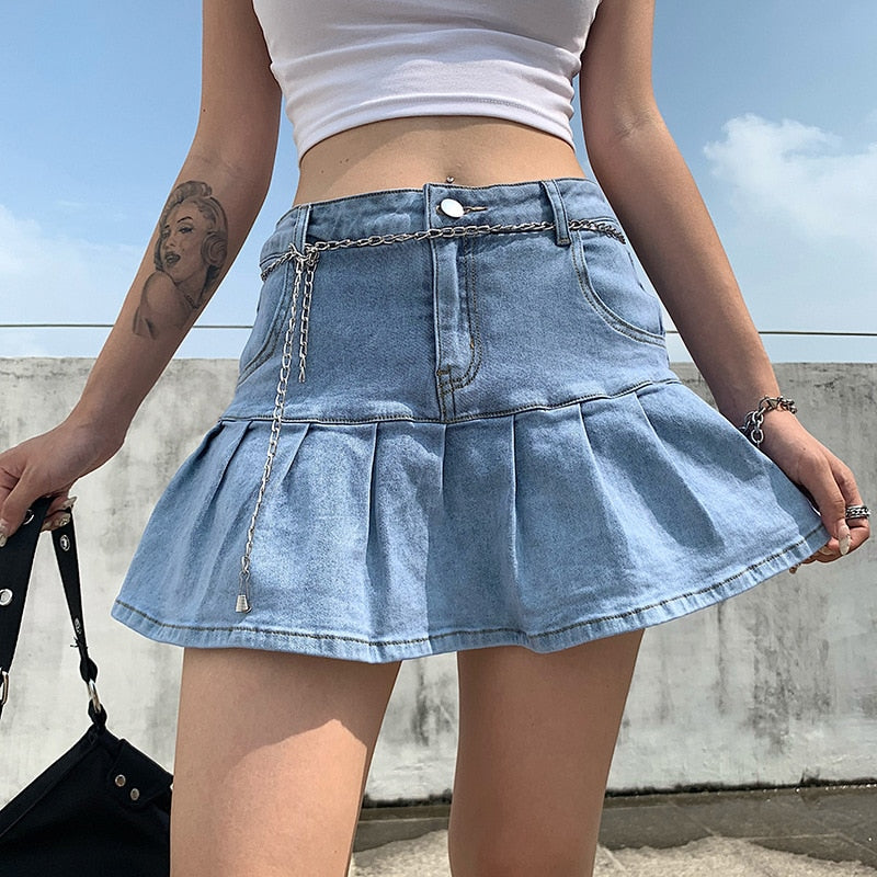 Sexy y2k Pink Denim Pleated Skirts Mini Solid Casual Woman Fashion Korean Style High Waist Skirt