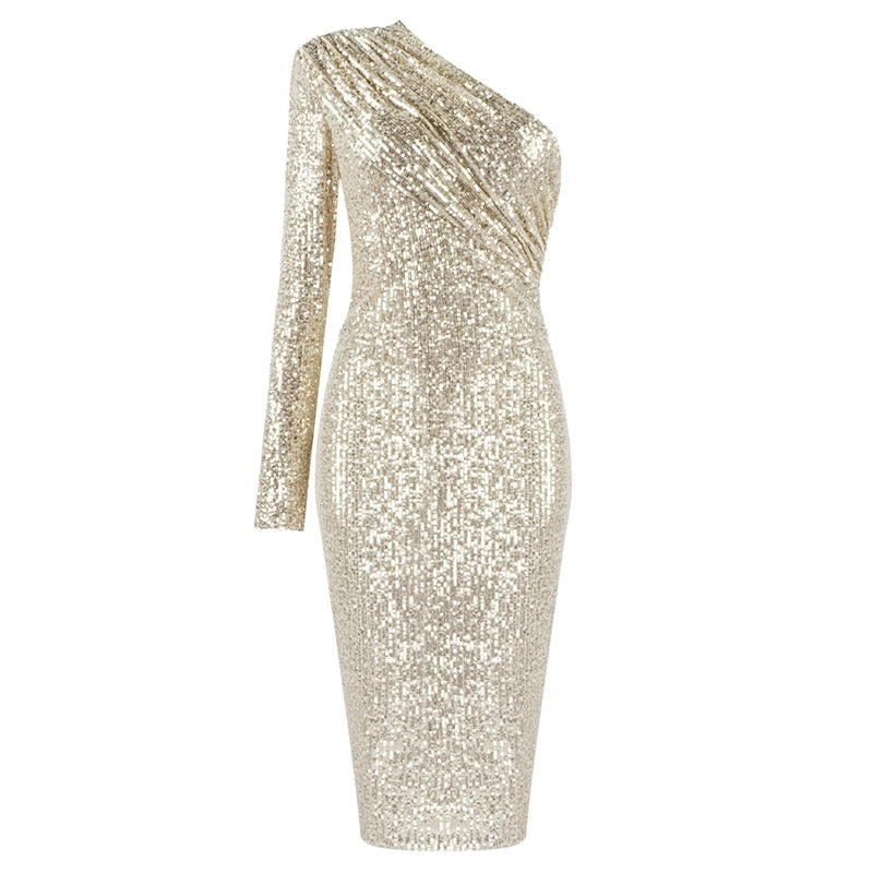 one shoulder sequin patchwork party dress Elegant One-shoulder Sequin Cocktail Party Dress