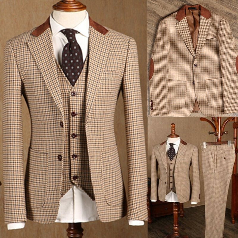 2021 Brown Classic Plaid Tweed Suit for Men Slim fit Groom Wedding Tuxedo