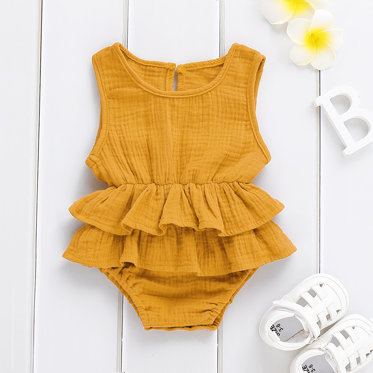 US Stock Cute Newborn Kid Baby Girl Clothes Sleeveless Bodysuit Dress Cotton&amp;Linen 1PC Outfit