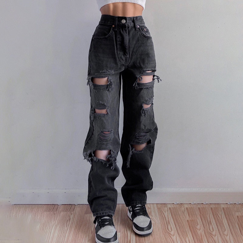 H&JACKY Black Jeans Fashion Women High Waist Straight Denim Mom Baggy Jeans Ripped Holes Breathable Long Denim Pants Washed