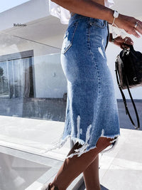 Summer Sexy Asymmetric Denim Skirt Women High Waist Slit Ripped Beggar Midi Skirts Casual Slim Worn Tassel Blue Jeans Skirt