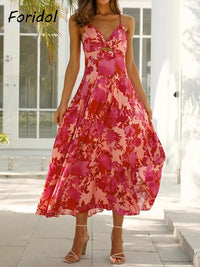 Spaghetti Strap Backless Rayon Women Red Dress Cotton Sleeveless Floral Maxi Dress Hollow Out A-line Long Boho Beach Dress 2023