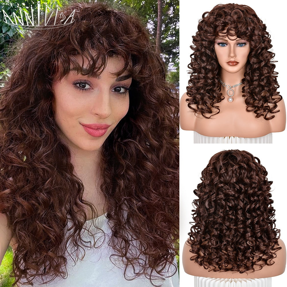 Black Curly Wig With Bangs Long Curly Afro Wigs for Women Synthetic Fiber Glueless Hair