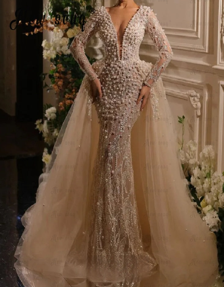 Gorgeous Deep V Neck Pearls Wedding Dress Champagne Beading Lace Detachable Train Bridal Gowns Long Sleeve Mermaid Wedding Gowns