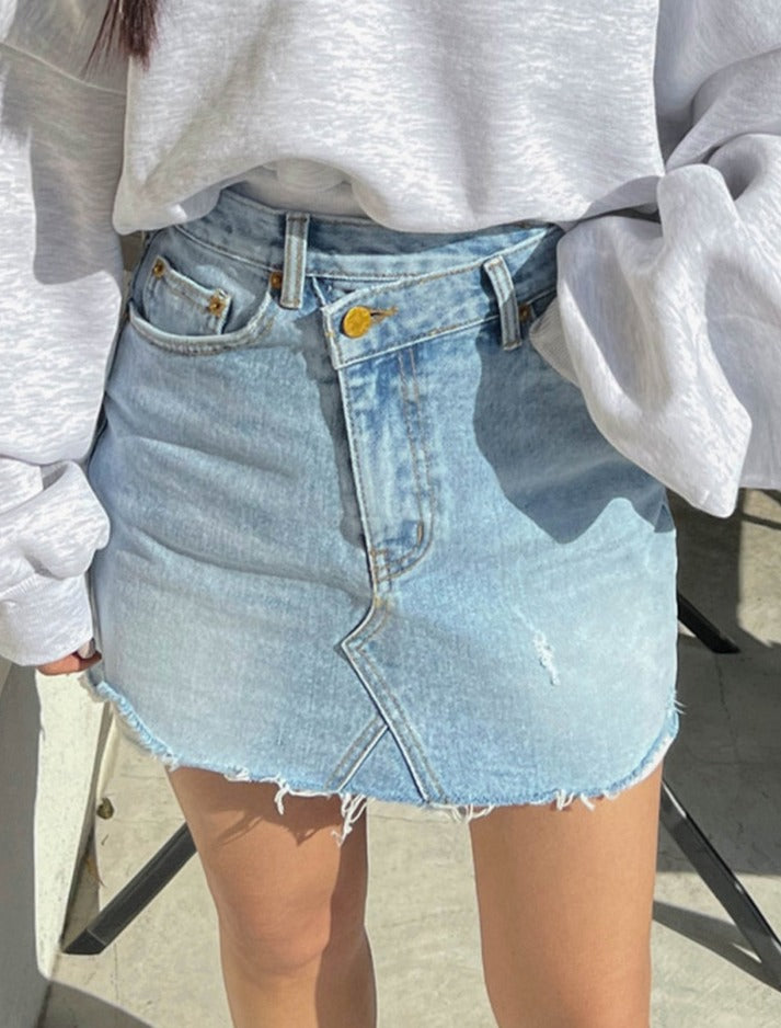 Sexy Stylish Inclined Button Women Denim Skirts Fashion High Waist Pockets Tassel Hem