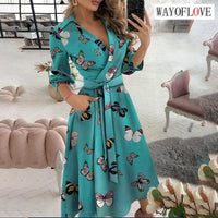 WAYFOLOVE Ladies Spring Summer Long Dress Women Long Sleeve Pocket Casual Dresses Elegant V Neck Butterfly Print Vintage Dresses