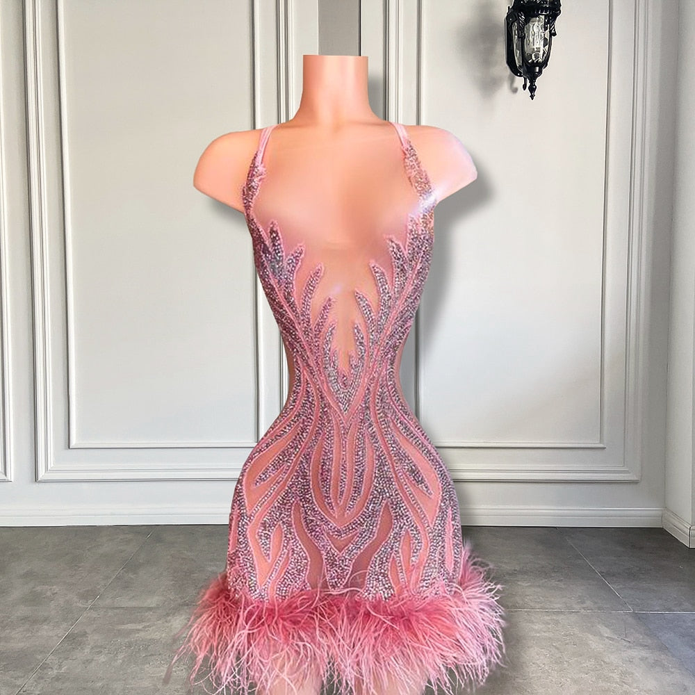 Stunning Sexy See Through Sheer Women Birthday Party Gowns Halter Sparkly Pink Feather Diamond Black Girl Short Prom Dresse 2023