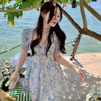 Sexy Y2k Mini Dress Summer Sweet Kawaii  Women Retro Floral Puff Sleeve Fairy Dress