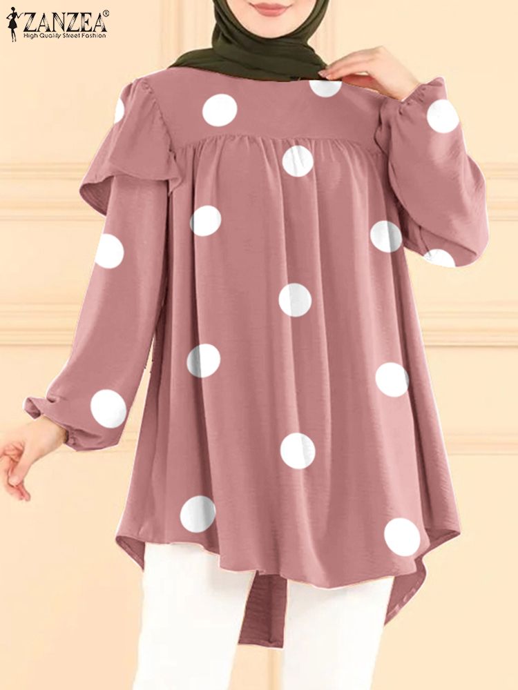 ZANZEA Turkey Blouse Polka Dots Printed Causal Tops Ruffles Long Puff Sleeve Female Shirt Muslim Hijab Blouse Oversize Blusas