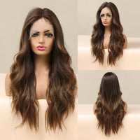 LOUIS FERRE Long Brown Lace Frontal Synthetic Wigs Dark Brown Body Wavy Highlight Wig Natural Hairline Daily Heat Resistant Hair