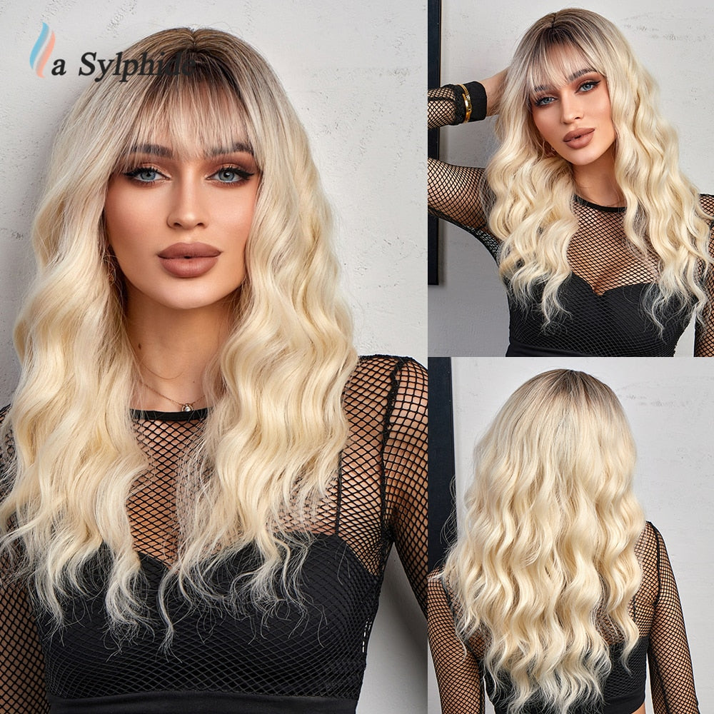 La Sylphide Synthetic Hair Wigs Cosplay Wig Long Wave Root Black Ombre Pink for Woman Heat Resistant Fiber Daily Party Wig