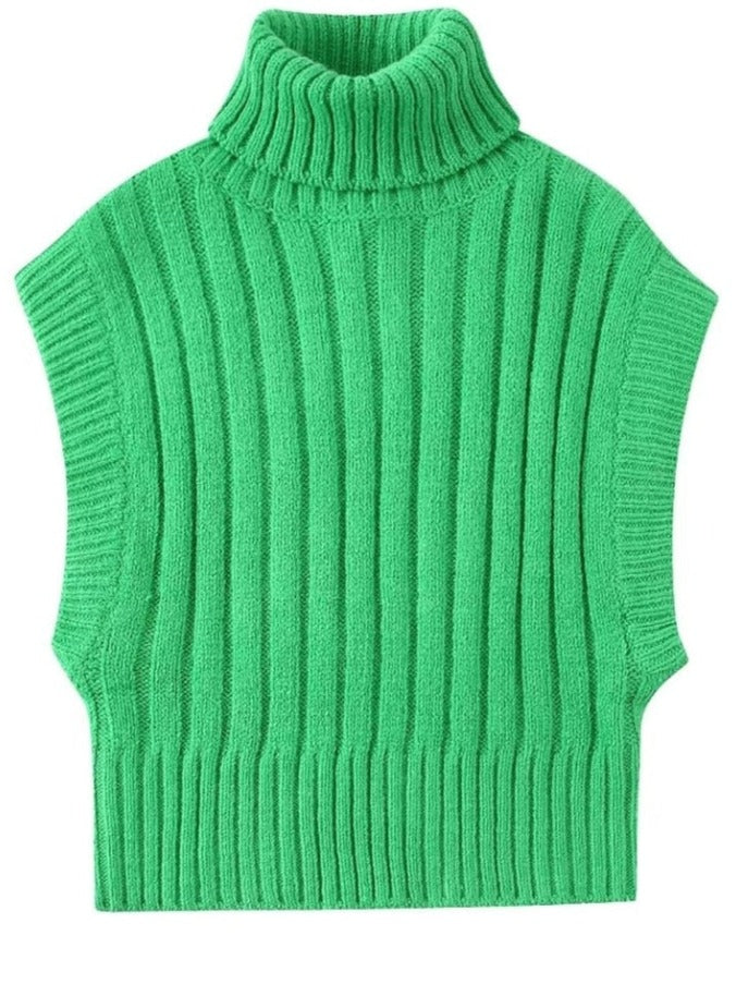 Sexy Women Fashion Turtleneck Collar Green Color Short Vest Sweater