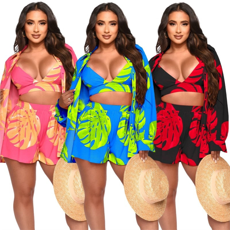 Beach Clothes Women 2023 Swim Cover Up Summer Dress Suit New Sexy Print Sides Three Piece Solid Polyester Pareo Saida De Praia