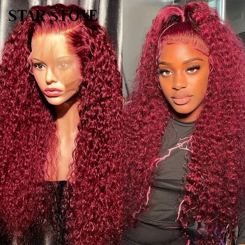 180% 99j Burgundy Deep Wave 13x4 Lace Front Human Hair Wigs Red Colored