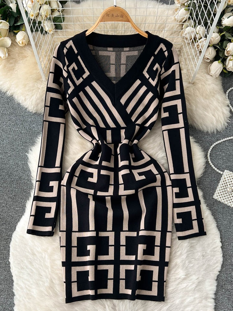 Sexy Brand Fashion Fancy Women Dress 2022 Autumn Winter Vintage Knitted Wrap Hips Short Dress