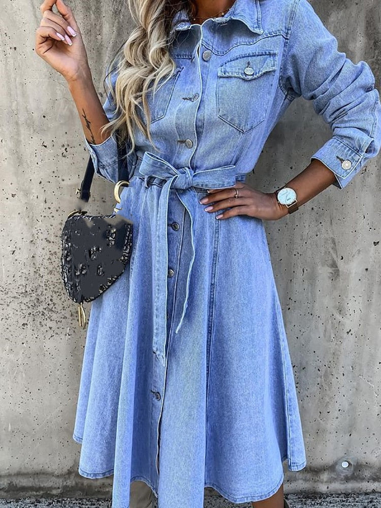 Vintage Denim Mini Dress Women Long Sleeve Turn Down Collar Button Tied Pencil Dress Female Spring Summer Slim Fit Jeans Dresses