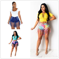 2022 New Women's Summer Tie Dye Long Tassel Denim Shorts Fashion Skinny High Stretch Jeans