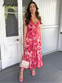 Spaghetti Strap Backless Rayon Women Red Dress Cotton Sleeveless Floral Maxi Dress Hollow Out A-line Long Boho Beach Dress 2023