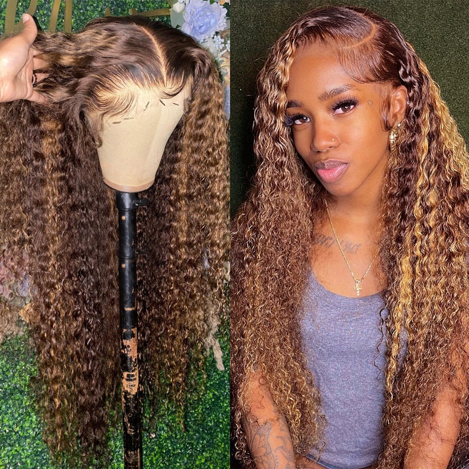 13x4 Highlight Wig Human Hair Wigs For Women Curly Honey Brown 30 Inch Ombre Colored 13x6 Hd Water Deep Wave Lace Frontal Wig