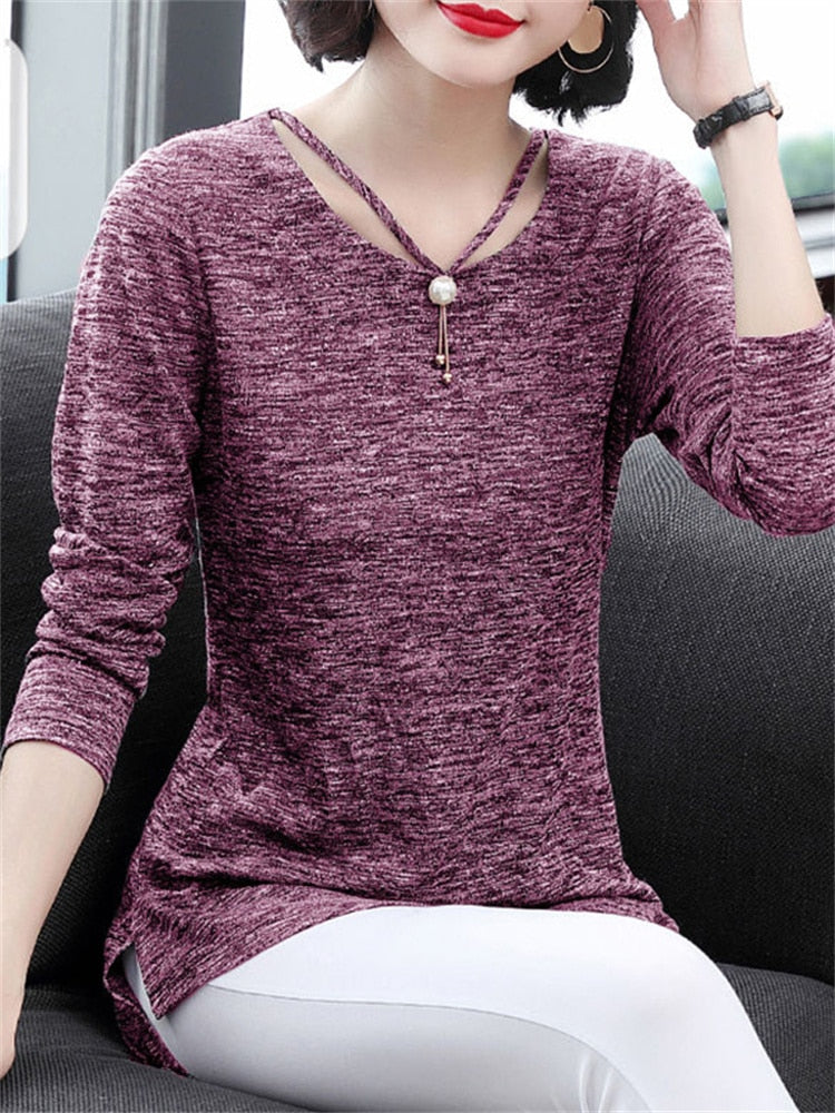 Women Spring Summer Style T-Shirts Tops Lady Casual Long Sleeve O-Neck Gray Tees Shirts DF3026