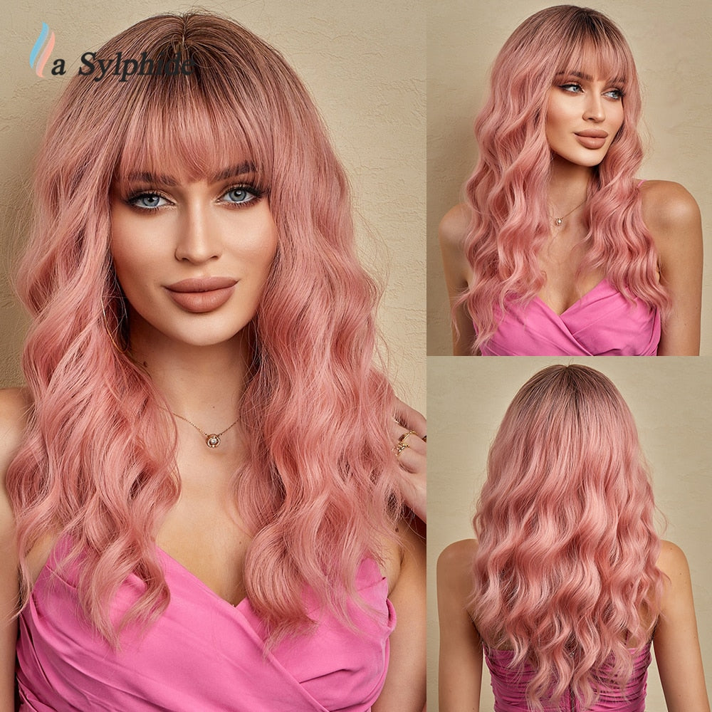 La Sylphide Synthetic Hair Wigs Cosplay Wig Long Wave Root Black Ombre Pink for Woman Heat Resistant Fiber Daily Party Wig