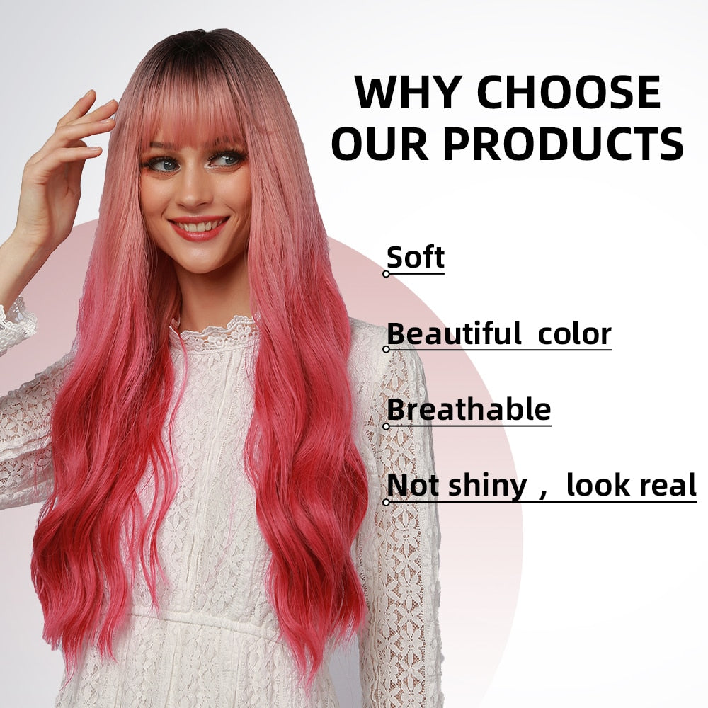 La Sylphide Synthetic Hair Wigs Cosplay Wig Long Wave Root Black Ombre Pink for Woman Heat Resistant Fiber Daily Party Wig