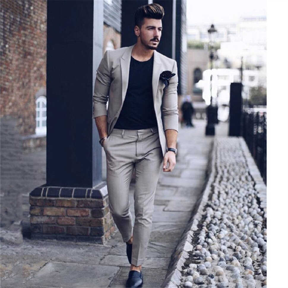 Mens Suits (Jacket+Pants) Latest Designs Beige Groom Tuxedos elbow patches 2 Pieces Wedding Prom Dinner Italian Man Suit Blazer