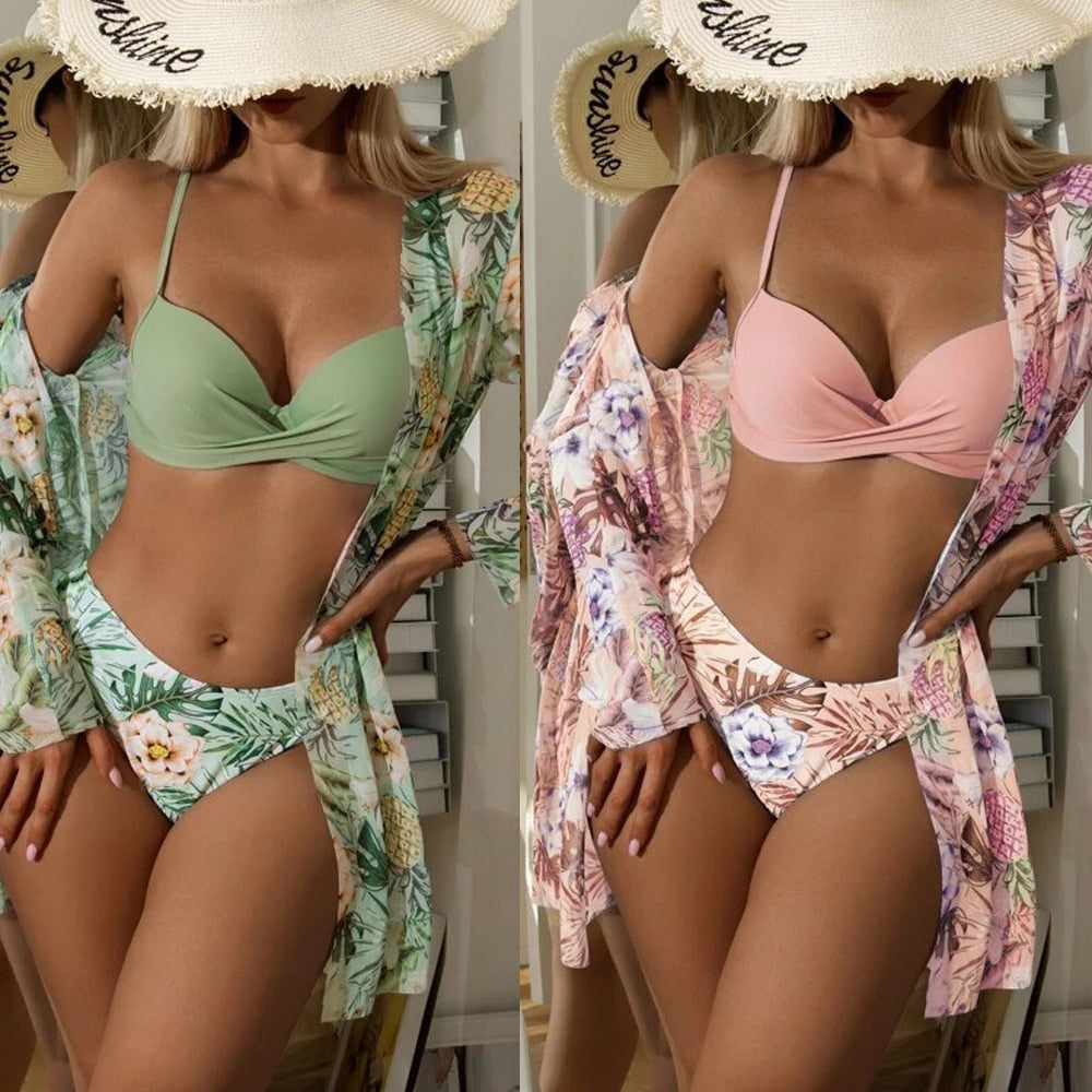 2 pieces Women's three piece swimsuit new mesh cardigan split bikini print