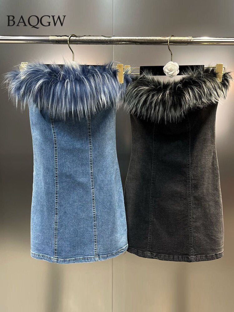 Feathers Patchwork Designer Tube Tops Women Strapless Sleeveless Slim Denim Dresses Female Fashion Party Street Wear Outfits