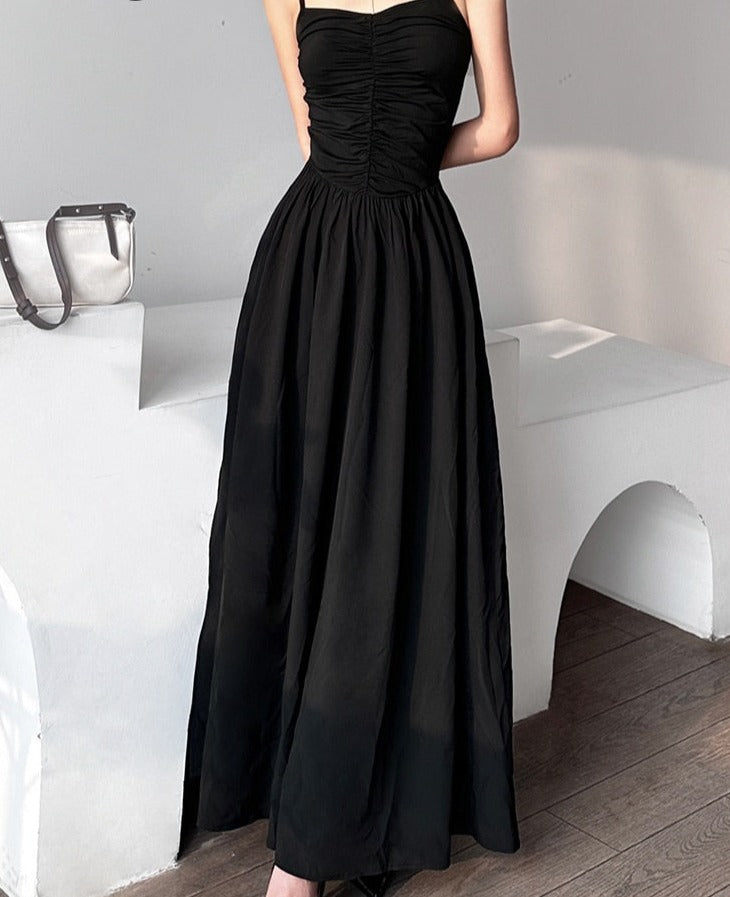 Sexy Spaghetti Strap Black Folds Corset Maxi Pleated Dress