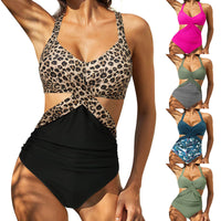 Women Swimming Bodysuit with Leopard Print, Hollow Skinny Fit High Waist Summer Clothing