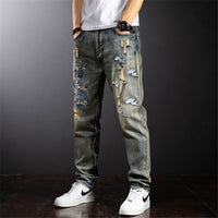 Dragon Embroidered Jeans Men Streetwear Denim Pants Fashion Ripped Jeans Pants Plus Size 38 40 Trousers Male Bottoms