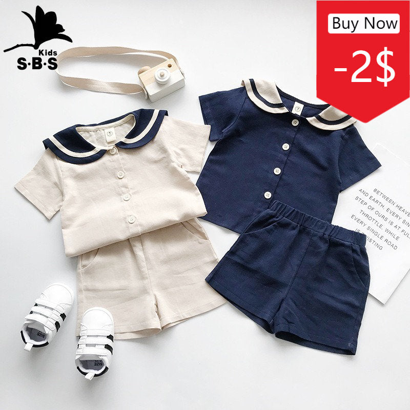Japanese and Korean Bear Mood Navy Style Kids Sailor Collar Cotton Linen T Shirt + Pants 2pcs Summer Clothes Set Boys Girls Suit