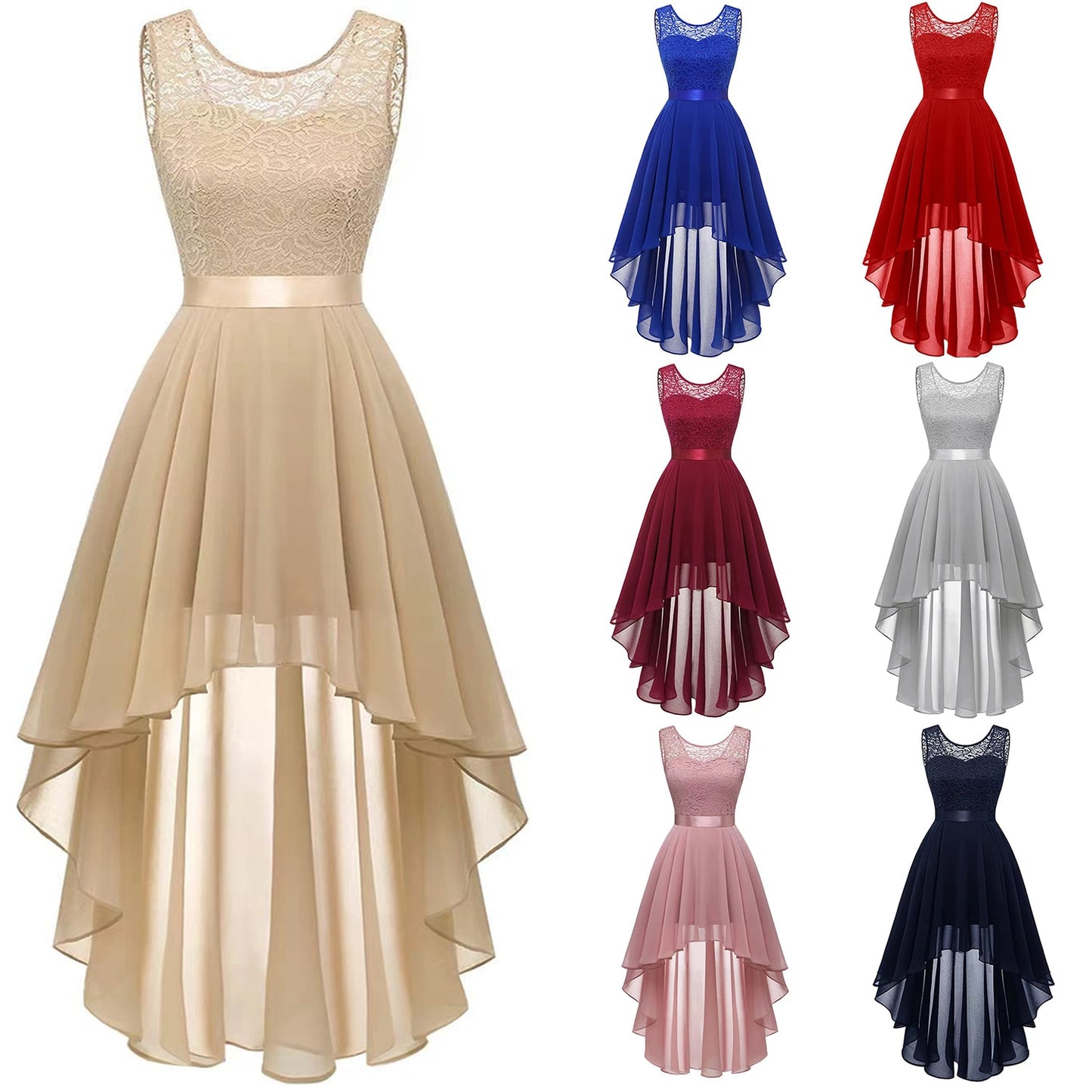 Women's Vintage O Neck Lace Patchwork Chiffon Swing High-Low Bridesmaid Dress Cocktail Party Pleated Dresses