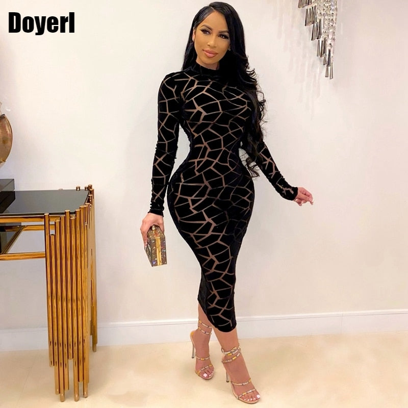 Print Bodycon Midi Party Dress Women Long Sleeve Sheath Slim Transparent Sheer Mesh Dress Elegant Vintage Night Club Sexy Dress